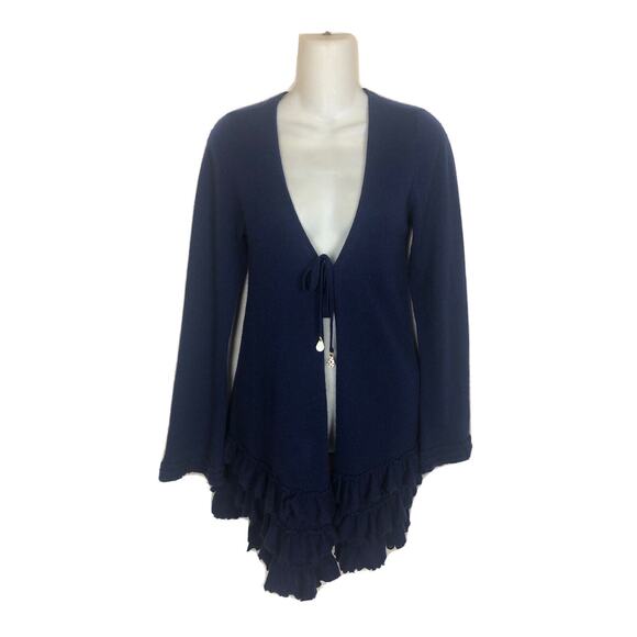 Letarte Maui Hawaii Sz Small Blue Ruffled Tie Front Cashmere Cardigan Sweater - Picture 1 of 9